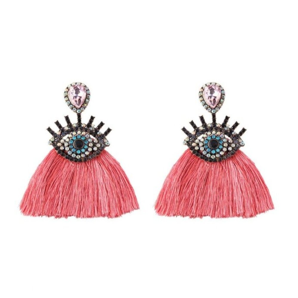 Pink Tassel Boho Crystal Evil Eye Eyelash Earrings - Picture 1 of 2
